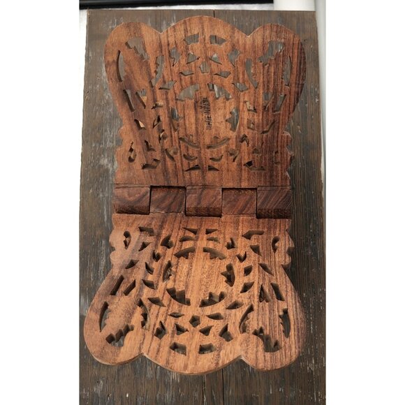 Vintage Teak Wood Book Holder Stand Hand Carved Floral Leaf Design Folding Decor - Picture 7 of 12